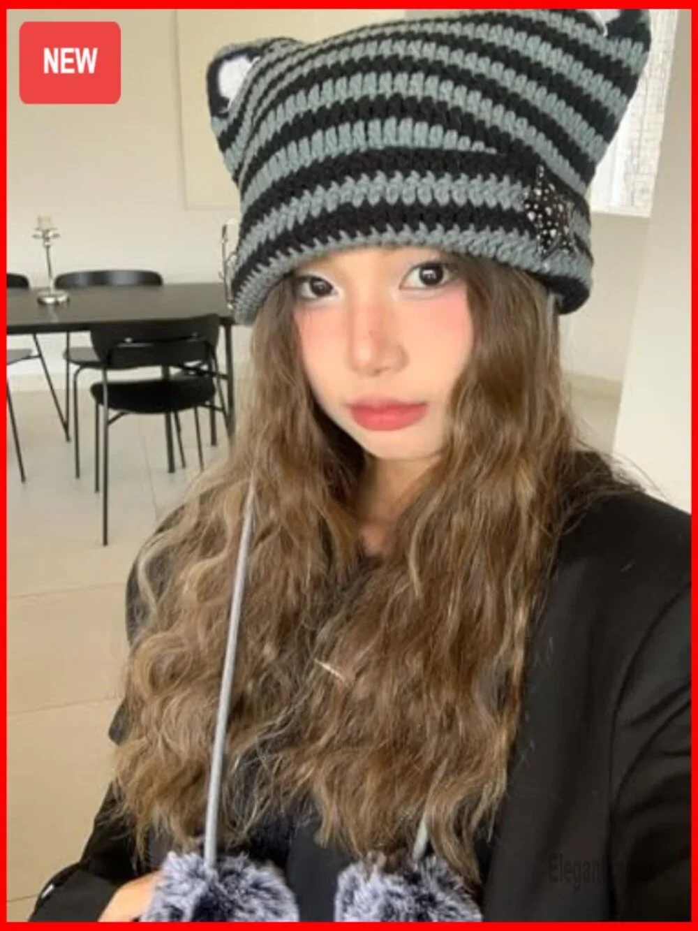 Y2K Crochet Beanie Cat Ear Star Grunge Aesthetic Pompoms Cute Kawaii Hat